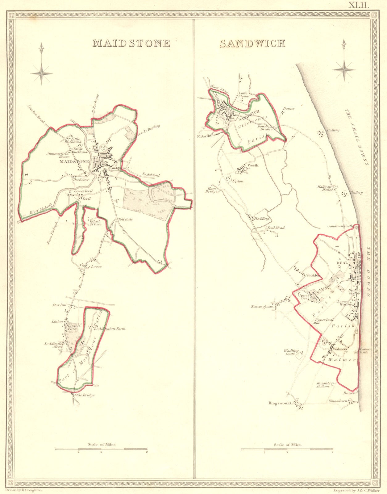MAIDSTONE SANDWICH. Town Plan. Creighton Walker 1835 old antique map chart